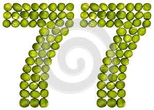 Arabic numeral 77, seventy seven, from green peas, isolated on w