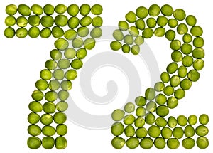 Arabic numeral 72, seventy two, from green peas, isolated on white background