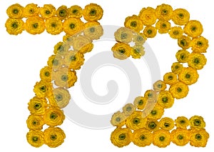 Arabic numeral 72, seventy two, from yellow flowers of buttercup