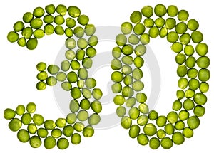 Arabic numeral 30, thirty, from green peas, isolated on white ba