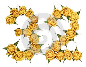 Arabic numeral 32, thirty two, from yellow flowers of rose, isolated on white background