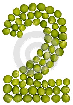 Arabic numeral 2, two, from green peas, isolated on white background