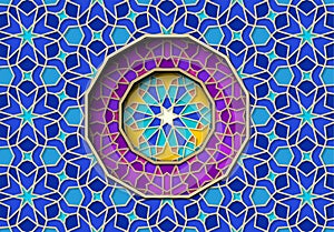Arabic ornament with girih patterns and round frame element with star. Abstract islamic background with traditional photo