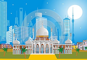 Arabic Palace on the background of the modern city.