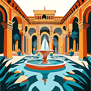 Arabic palace with fountains, vector illustration in cartoon style AI Generated