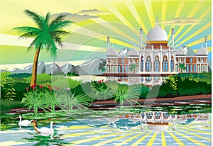 Arabic Palace on the shore of a beautiful lake with swans.