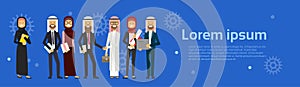 Arabic people group wearing traditional clothes full length arab business man handshake, muslim male female banner copy