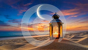 Arabic ramadan lantern on desert dunes