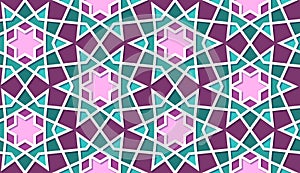 Arabic seamless girih pattern with classic islamic culture ornament. Colorful tiled background with shadow.