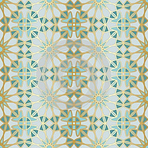 Arabic seamless pattern. Traditional Islamic mosque window with gold grid mosaic