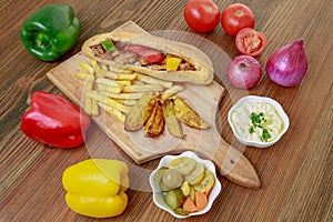 Arabic Shish Tawook Sandwich with bell pepper, onion, tomato, dip, hummus, veggies and fires isolated on wooden board side view