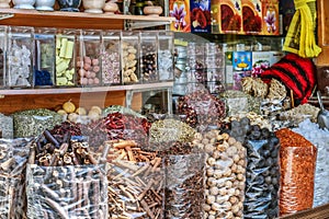 Arabic Spices, herbs & Nuts at a market Shop In Bazaar Souk In Dubai United Arab Emirates Middle East