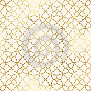 Arabic style seamless pattern. Vector gold oriental ornament on beige background. Islamic traditional texture for