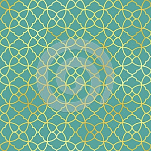 Arabic style seamless pattern. Vector gold oriental ornament on green background. Islamic traditional texture for