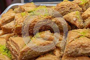 Arabic sweet baked goods, baklawa, baklava, in Mahane Yehuda Market in Jerusalem
