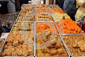 Arabic sweet baked goods, baklawa, baklava, in Mahane Yehuda Market in Jerusalem