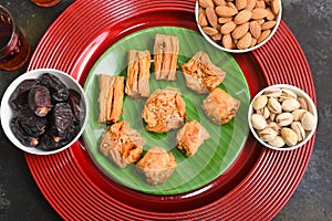 Arabic sweet Baklava, Lebanese Baklawa and dry fruits