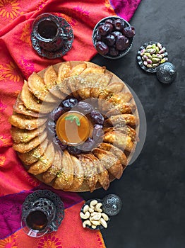 Arabic sweets. Arabian Qatayef. Cookies of El Fitr Islamic Feast. Ramadan food background