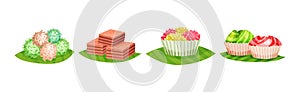 Arabic Sweets Served on Green Leaf Vector Set