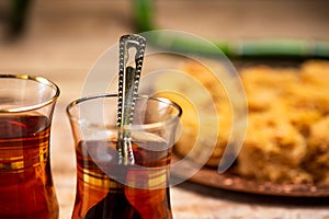 Arabic tea with desserts closeup