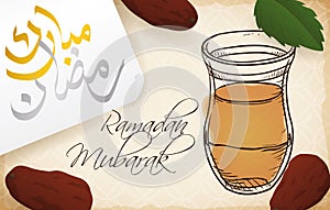 Arabic Tea, Spearmint Leaves and Dates for Iftar in Ramadan, Vector Illustration