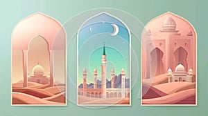 Arabic texts translation Ramadan Kareem posters, cards, and holiday covers. Beautiful modern design in pastel colors