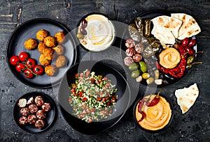 Arabic traditional cuisine. Middle Eastern meze platter with pita, olives, hummus, stuffed dolma, labneh cheese balls, falafel.