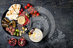 Arabic traditional cuisine. Middle Eastern meze platter with pita, olives, hummus, stuffed dolma, labneh cheese balls in spices.