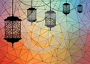 Arabic traditional lantern and garland on colorful background