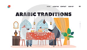 Arabic Traditions Landing Page Template. Traditional Arab Family Mother, Father and Little Son Characters Eating Ifthar
