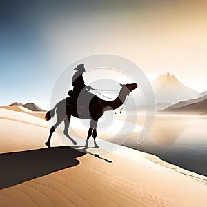 An arabic tribe riding a camel in the desert vast desert background
