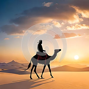 An arabic tribe riding a camel in the desert vast desert background