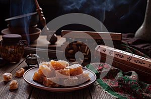 Arabic turkish delight dessert rahat lukum, lokum powdered with sugar, eastern candy. Holidays ramadan concept photo