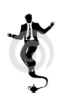 Arabic vector silhouette genie businessman. Oil magic lamp for sales and design. Black isolated