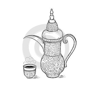 Arabic vintage coffeepot and figured cup with a hot drink and a flavored vapor. National coffee ware. Vector sketch
