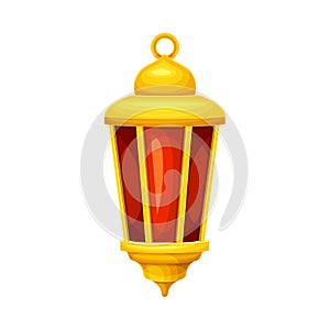 Arabic vintage golden lantern. Ramadan Kareem red lamp, traditional muslim symbol vector illustration