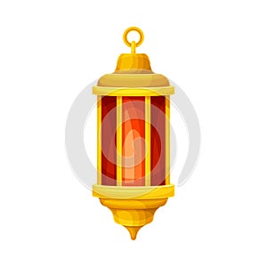 Arabic vintage golden lighting lamp. Red Ramadan lantern, traditional muslim symbol vector illustration