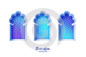 Arabic window arch in paper cut style. Origami Ramadan Kareem greeting cards. Arabesque pattern. Crescent Moon. Holy