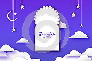 Arabic window arch, in papercraft style. Origami Ramadan Kareem greeting card. Crescent Moon and star. Holy month of