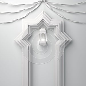 Arabic window door, ribbon and hanging lamp on white background.
