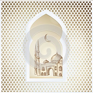 Arabic window with the hand drawn sketch of moon and the mosque. Greeting card, invitation for Muslim community holy