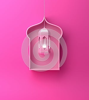 Arabic window shelf and hanging lantern on pink pastel background.