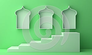 Arabic window shelf and steps on green pastel background.