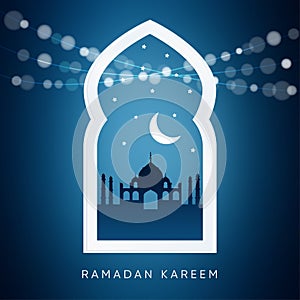 Arabic window with, silhouette of the mosque, moon. Ramadan card.