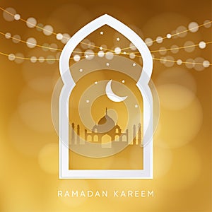 Arabic window with the silhouette of the mosque, moon, stars and bokeh lights. Greeting card, invitation for Muslim
