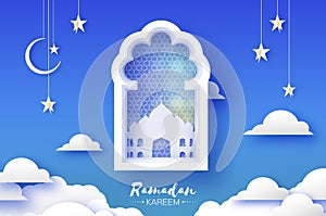 Arabic window with White Mosque in paper craft style. Origami Ramadan Kareem greeting card. Crescent Moon and star. Holy