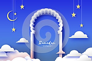 Arabic windows arch in papercraft style. Origami Ramadan Kareem greeting card. Crescent Moon and star. Holy month of