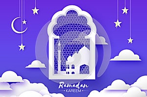 Arabic windows arch with white mosque in papercraft style. Origami Ramadan Kareem greeting card. Crescent Moon and star