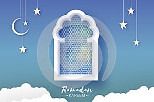 Arabic windows in papercraft style. Origami Ramadan Kareem greeting card. Crescent Moon and star. Holy month of muslim