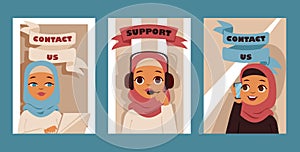 Arabic woman in call center occupation set of posters or cards. Customer support service characters. Vector illustration